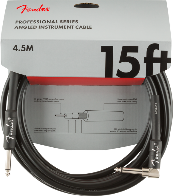 Fender Professional Series Instrument Cable, Straight/Angle, 15', Black