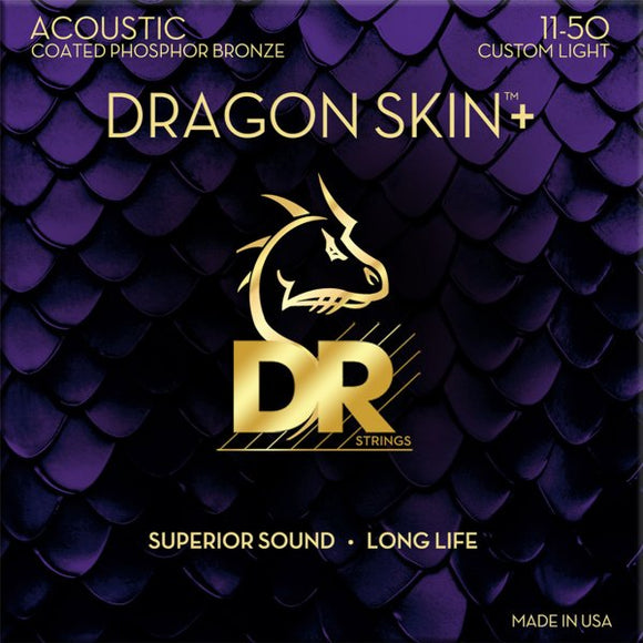DR Dragon Skin+ Coated Phosphor Bronze Acoustic Guitar Strings, Custom Light (11-50)