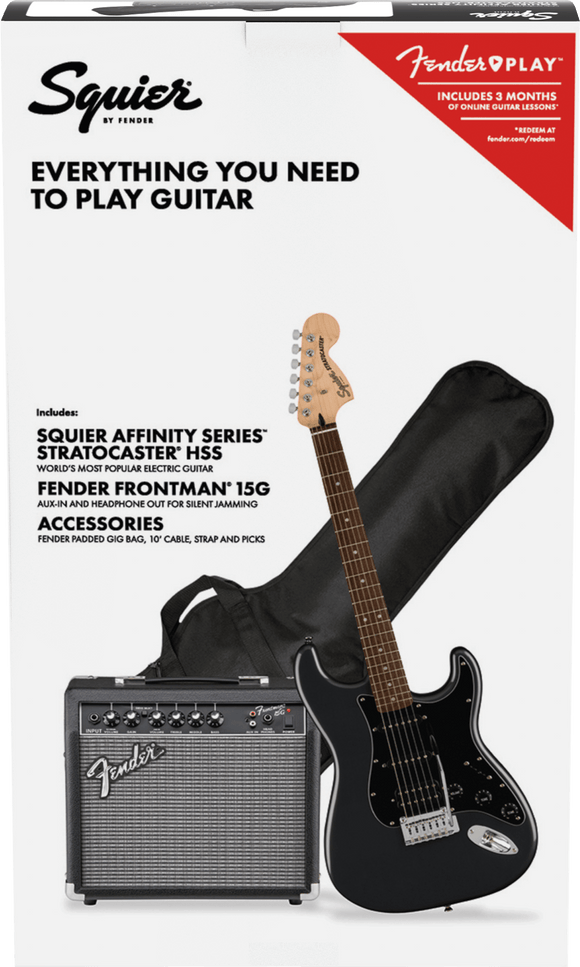 Squier Affinity Series Stratocaster HSS Pack, Charcoal Frost Metallic, Gig Bag, 15G Amp