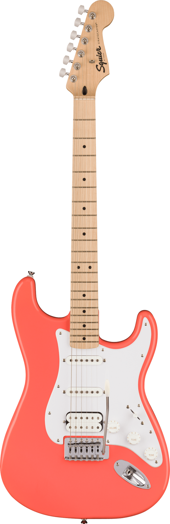 Squier Sonic Stratocaster HSS, Maple Fingerboard, White Pickguard, Tahitian Coral