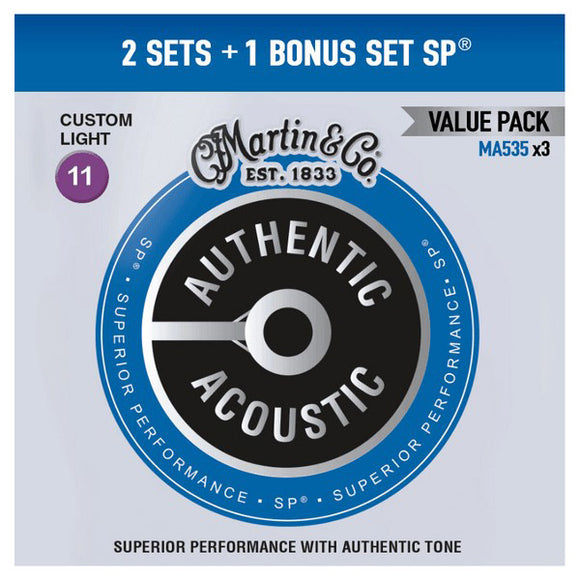 Martin Guitars Authentic Acoustic Strings SP 92/8 Phosphor Bronze Acoustic Strings - 11-52 Custom Light 3-Pack