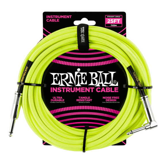 Ernie Ball 25' Braided Instrument Cable Straight/Angle Neon Yellow