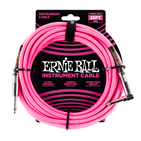 Ernie Ball 25' Braided Instrument Cable Straight/Angle Neon Pink