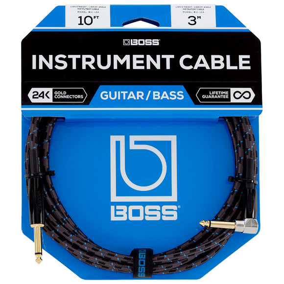 BOSS 10ft / 3m Instrument Cable, Straight to Right-Angle 1/4