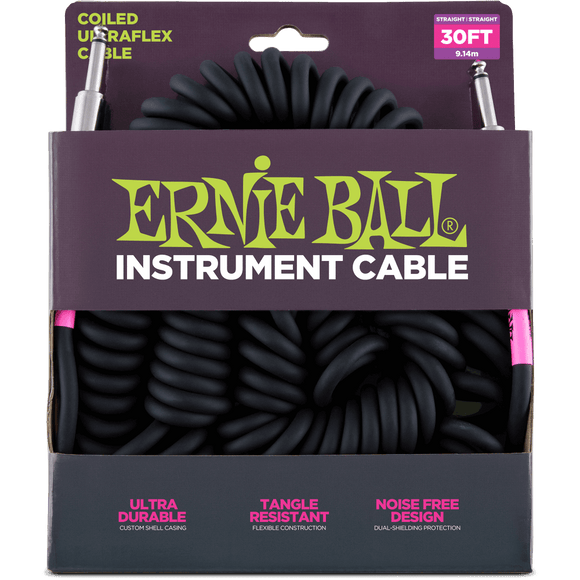 Ernie Ball 30' Coiled Straight/Straight Instrument Cable - Black