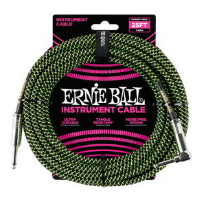 Ernie Ball 25' Braided Instrument Cable Straight/Angle Green & Black