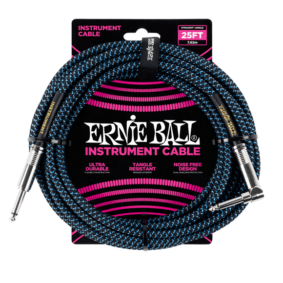 Ernie Ball 25' Braided Instrument Cable Straight/Angle Black & Blue
