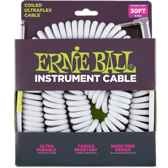 Ernie Ball 30' Coiled Straight/Angle Instrument Cable - White