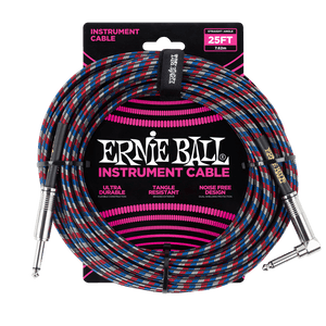 Ernie Ball 25' Braided Instrument Cable Straight/Angle Red, Blue and White