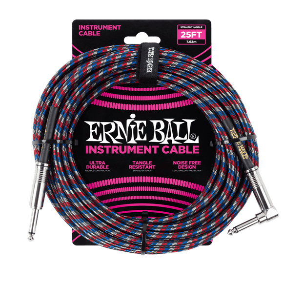 Ernie Ball 25' Braided Instrument Cable Straight/Angle Red, Blue and White