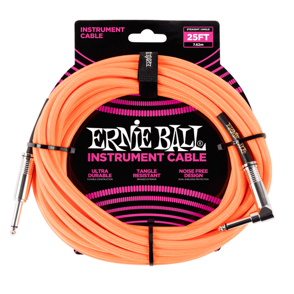 Ernie Ball 25' Braided Instrument Cable Straight/Angle Neon Orange
