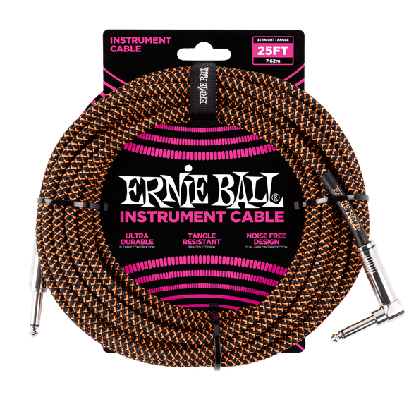 Ernie Ball 25' Braided Instrument Cable Straight/Angle Orange & Black